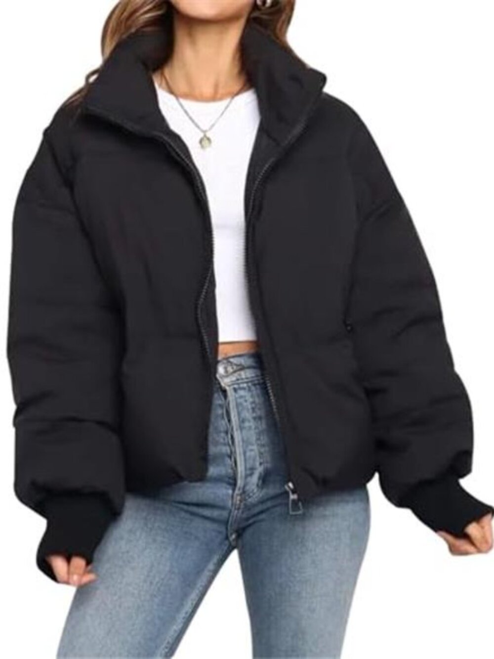 Womens Zip Up Jacket Stand Collar Cropped Coat Casual Baggy Pockets